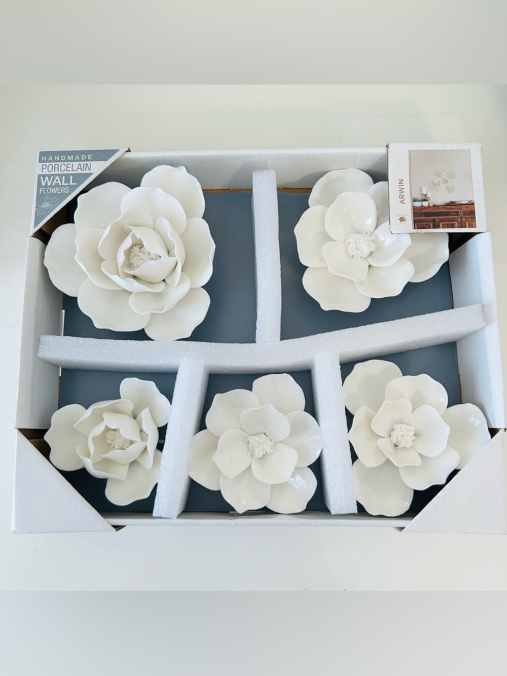 Porcelain Handmade Wall Flowers Accent Set - Glossy White 5pc NEW